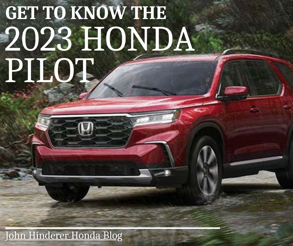 A photo of a Honda Pilot driving in rain and the text: Get to Know the 2023 Honda Pilot