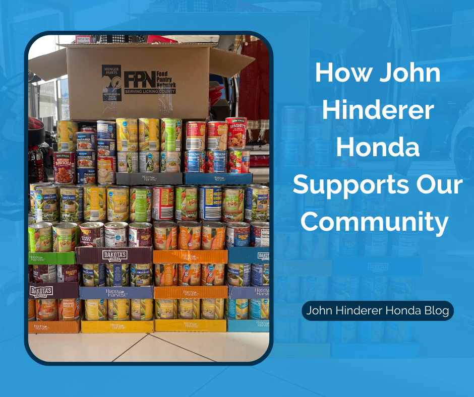 A photo of cans collected at our food drive and the text: How John Hinderer Honda Supports Our Community